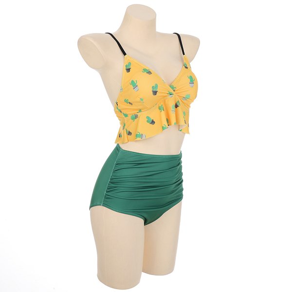 Miccostumes Swimsuits for Women Cactus Pattern Bikini Swimwear with Ruffle Hem Halter Top and Bottoms Bikini Sets