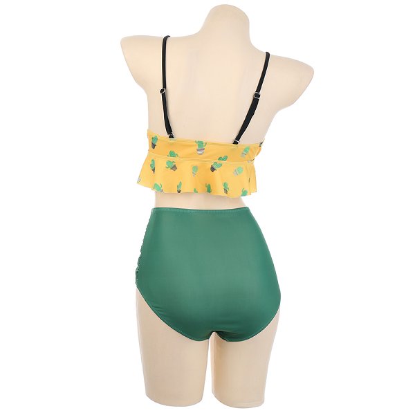 Miccostumes Swimsuits for Women Cactus Pattern Bikini Swimwear with Ruffle Hem Halter Top and Bottoms Bikini Sets