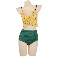 Miccostumes Swimsuits for Women Cactus Pattern Bikini Swimwear with Ruffle Hem Halter Top and Bottoms Bikini Sets