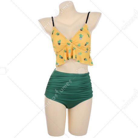 Miccostumes Swimsuits for Women Cactus Pattern Bikini Swimwear with Ruffle Hem Halter Top and Bottoms Bikini Sets