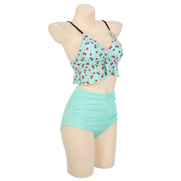 Miccostumes Swimsuits for Women Cherry Pattern Bikini Swimwear with Ruffle Hem Halter Top and Bottoms Bikini Sets