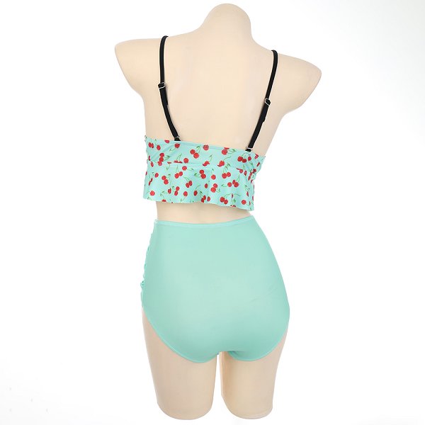 Miccostumes Swimsuits for Women Cherry Pattern Bikini Swimwear with Ruffle Hem Halter Top and Bottoms Bikini Sets