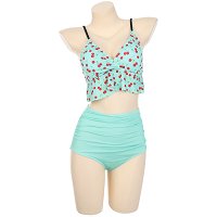 Miccostumes Swimsuits for Women Cherry Pattern Bikini Swimwear with Ruffle Hem Halter Top and Bottoms Bikini Sets