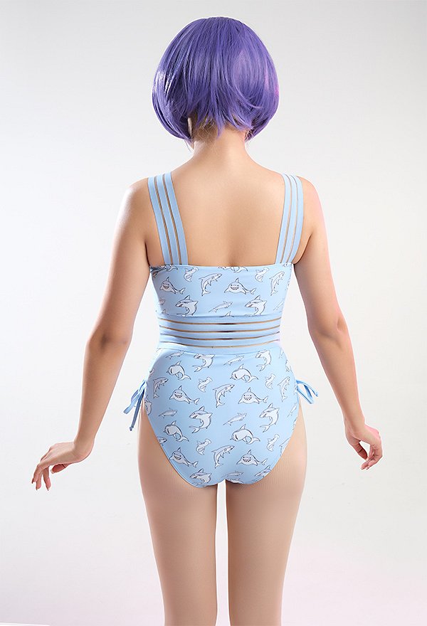 Miccostumes Kawaii One-Piece Swimsuit for Women Blue Shark Pattern Halter Swimwear Waist Hollow Bathing Suit
