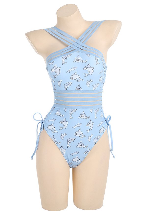 Miccostumes Kawaii One-Piece Swimsuit for Women Blue Shark Pattern Halter Swimwear Waist Hollow Bathing Suit