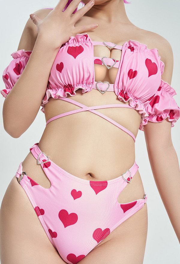 Miccostumes Trajes de baño para mujer Trajes de baño con estampado de corazones Trajes de baño sexys Conjuntos de bikini con top sin tirantes y braguita