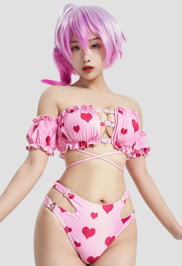 Miccostumes Trajes de baño para mujer Trajes de baño con estampado de corazones Trajes de baño sexys Conjuntos de bikini con top sin tirantes y braguita