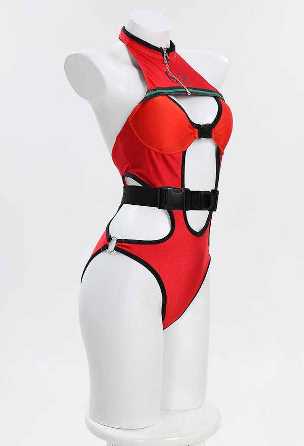 Anime Derivado Sexy Traje de Baño de Una Pieza con Cuello Alto y Recorte Rojo Para Control de Abdomen
