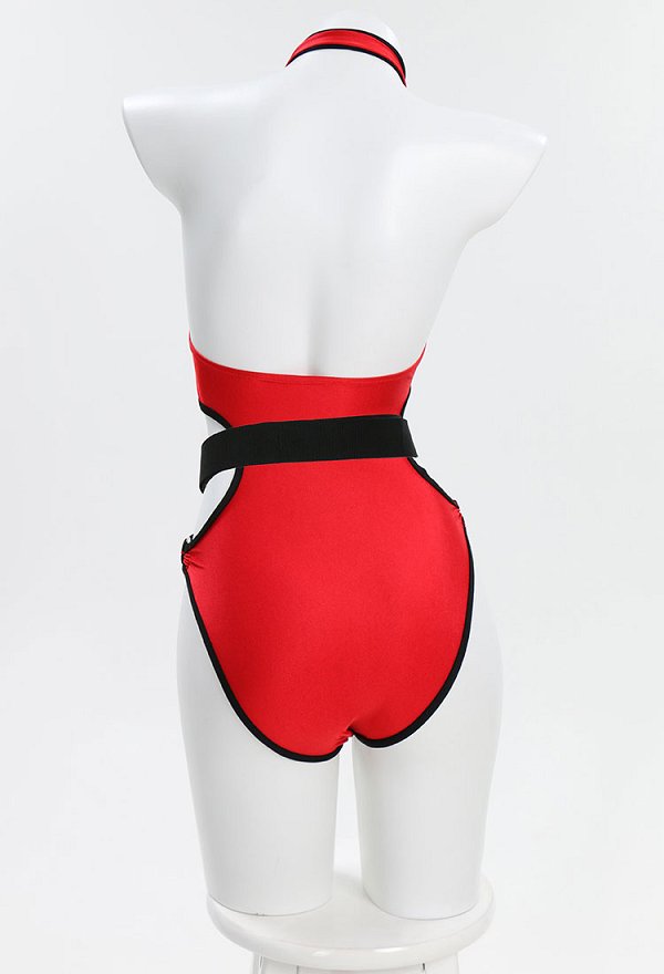 Anime Derivado Sexy Traje de Baño de Una Pieza con Cuello Alto y Recorte Rojo Para Control de Abdomen
