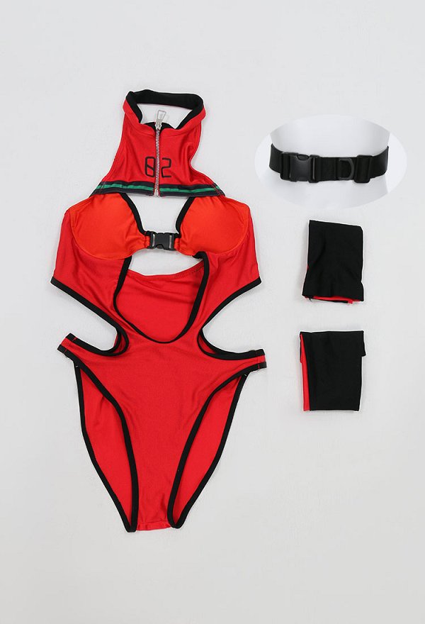 Anime Derivado Sexy Traje de Baño de Una Pieza con Cuello Alto y Recorte Rojo Para Control de Abdomen