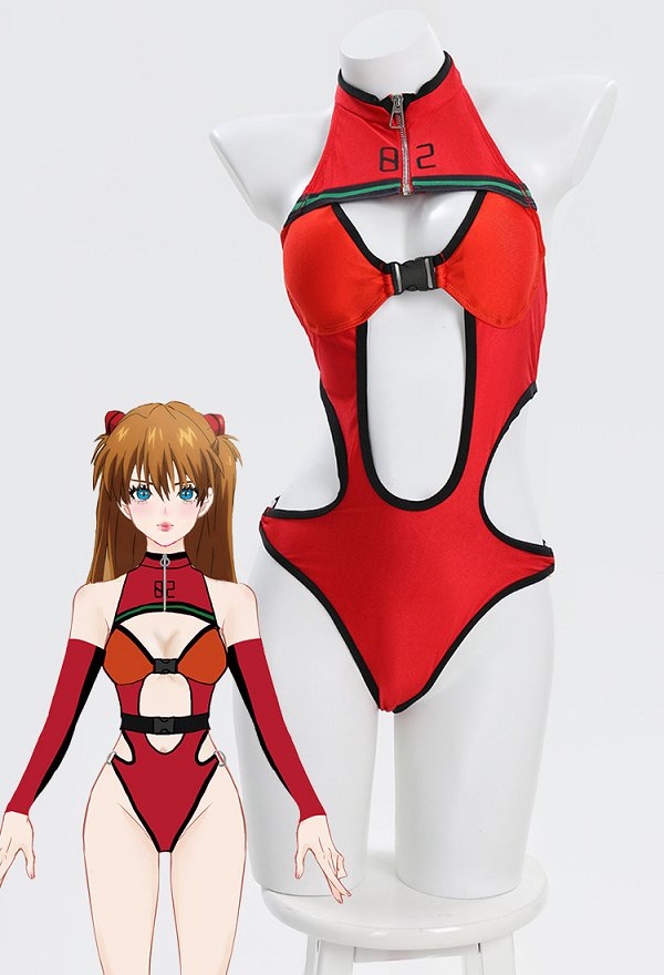 Anime Derivado Sexy Traje de Baño de Una Pieza con Cuello Alto y Recorte Rojo Para Control de Abdomen