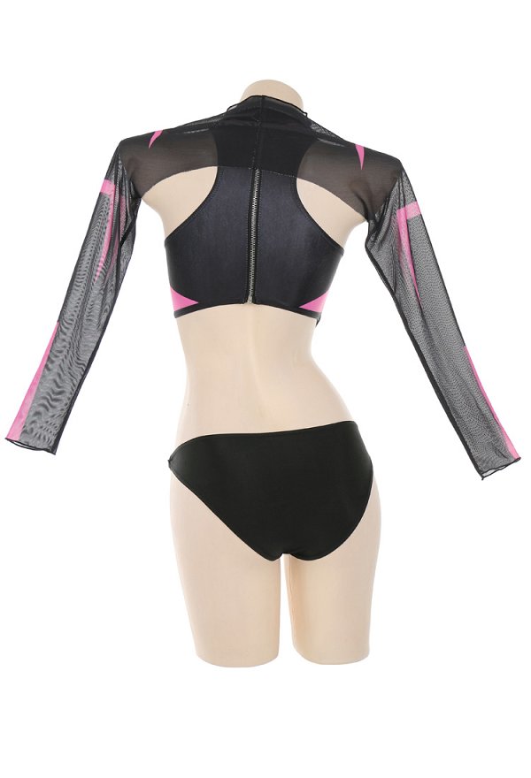 Miccostumes Swimsuits for Women Motorcycle Style Swimwear Sexy Bathing Suit Halter Top and Detachable Shorts Bikini Sets wih Tulle Cover-up