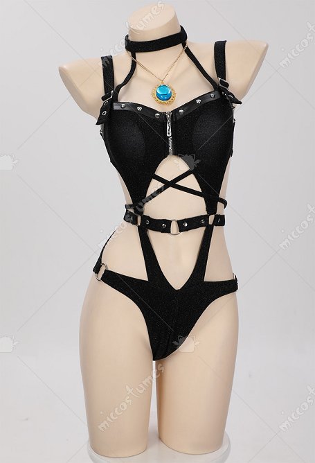 Hime Derivative One Piece Badeanzug Brust Reißverschluss Ausschnitt Bondage Swimsuits mit Halskette