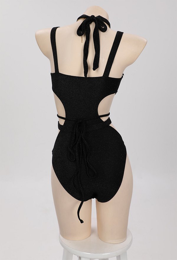 Traje de baño de una pieza con cremallera en el pecho y corte bondage de Hime Derivative con collar Traje de baño de una pieza con cremallera en el pecho y corte bondage de Hime Derivative con collar