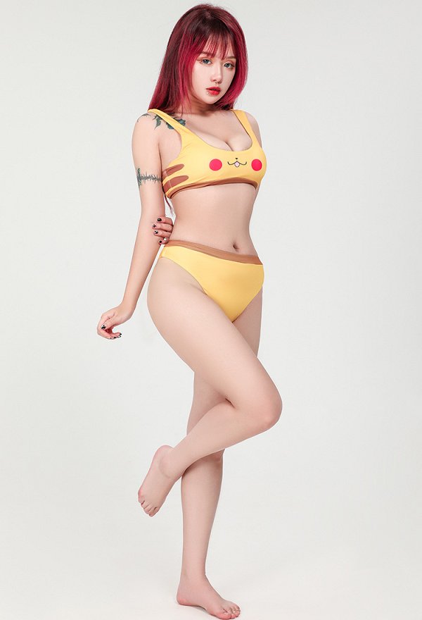 PM Derivative Conjunto de Bikini de Traje de Baño de Dos Piezas Camiseta sin Mangas Corta Amarilla Kawaii y Pantalones Triangulares
