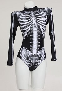 Halloween Gothic Long Sleeve One-Piece Swimsuit Skeleton Pattern Tummy Control Bathing Suit