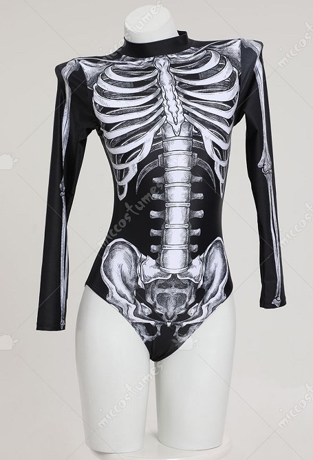 Maillot de bain une pièce à manches longues Halloween Gothic Motif squelette Maillot de bain gainant
