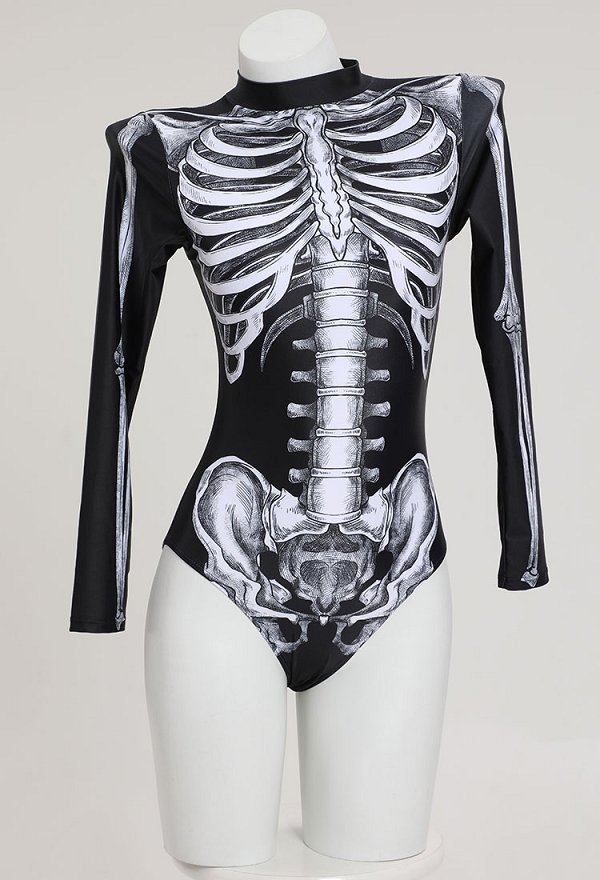 Traje de baño gótico de manga larga con estampado de esqueletos y control de abdomen Halloween