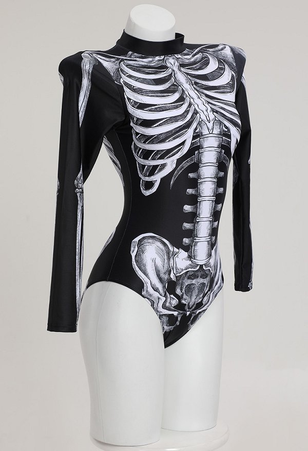 Traje de baño gótico de manga larga con estampado de esqueletos y control de abdomen Halloween
