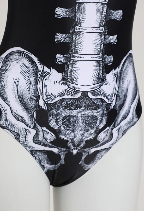 Traje de baño gótico de manga larga con estampado de esqueletos y control de abdomen Halloween