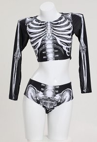 Halloween Gothic Two-Piece Swimsuit Skull Pattern Long Sleeve Top and Bottoms Bathing Suit