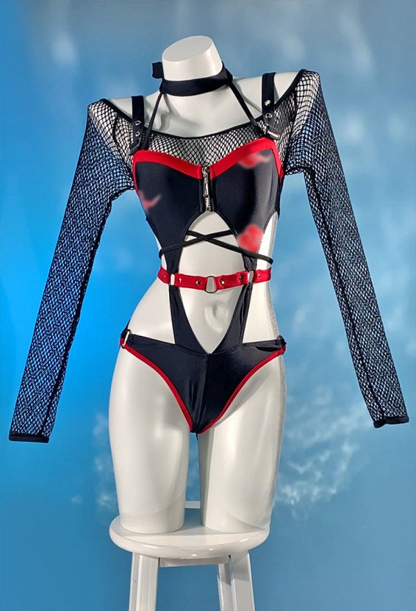 Ninja Derivative Sexy Traje de baño de una pieza Traje de baño de malla gótica con mangas recortadas