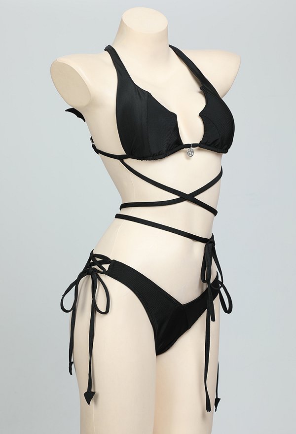 Traje de baño de dos piezas estilo murciélago gótico Top con lazo halter y braguita de cintura baja Conjunto de bikini Traje de baño