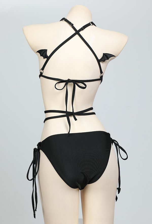 Traje de baño de dos piezas estilo murciélago gótico Top con lazo halter y braguita de cintura baja Conjunto de bikini Traje de baño