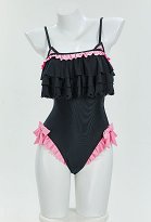 Sexy One-Piece Swimsuit Gothic Cat Style Bathing Suit Ruffles Bowknot Decor Swimwear