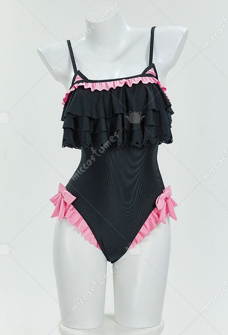 Sexy Bodysuit Badeanzug im Gothic Katzenstil Swimsuit mit Rüschen Schleife Bademode