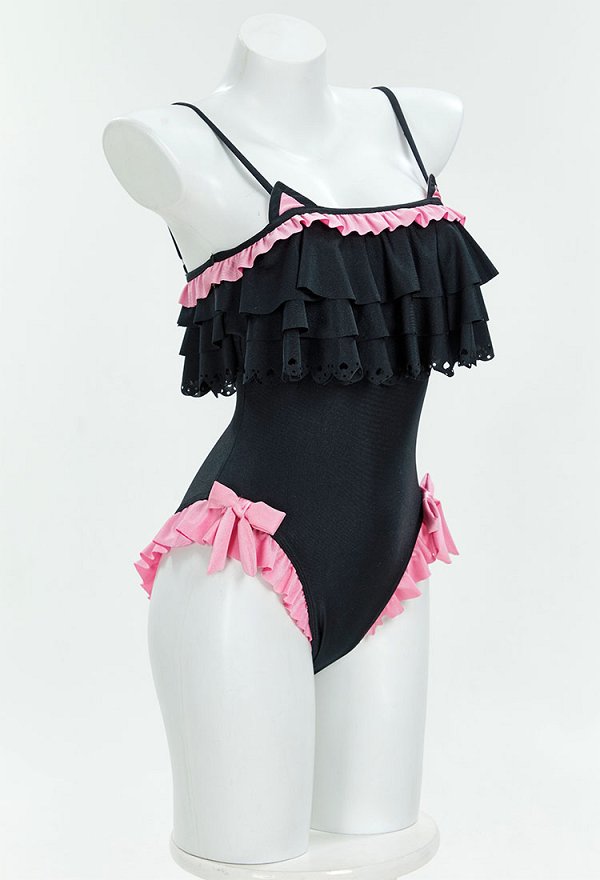 Maillot de bain une pièce sexy style gothique chat avec volants et nœud décoratif