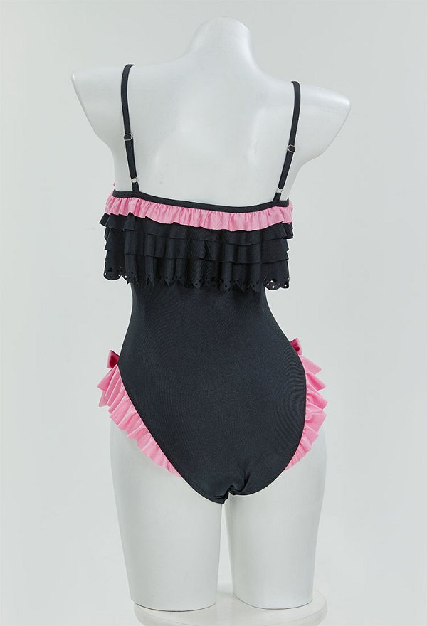 Maillot de bain une pièce sexy style gothique chat avec volants et nœud décoratif
