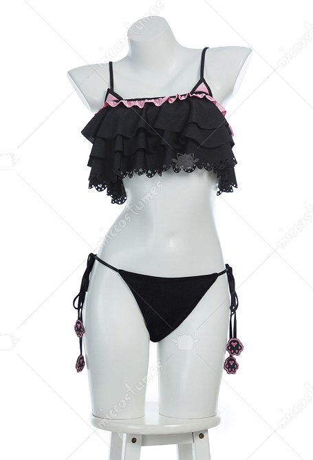 Gótico Conjunto de bikini de gato con volantes y lazo lateral de dos piezas