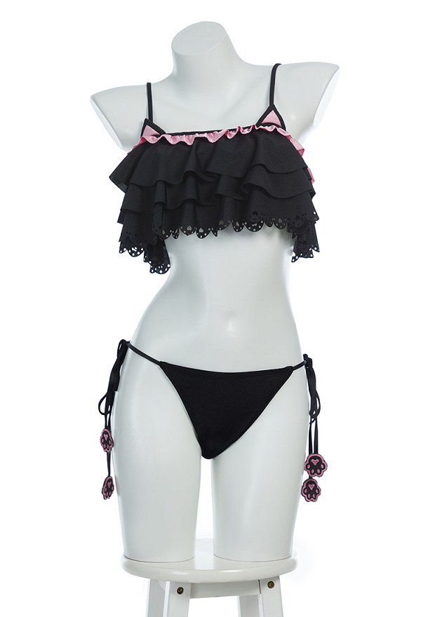 Gótico Conjunto de bikini de gato con volantes y lazo lateral de dos piezas Gótico Conjunto de bikini de gato con volantes y lazo lateral de dos piezas