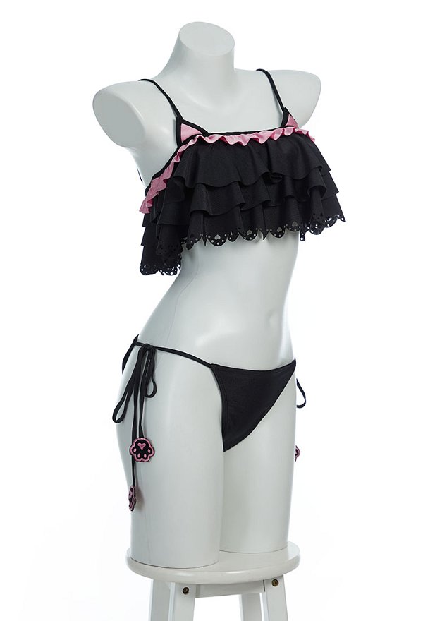 Gótico Conjunto de bikini de gato con volantes y lazo lateral de dos piezas Gótico Conjunto de bikini de gato con volantes y lazo lateral de dos piezas