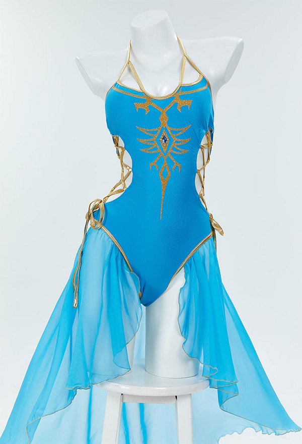 Princess Zelda Derivado Bañador de una Pieza con Cintura Halter, Corte de Cintura con Cordones y Mangas Princess Zelda Derivado Bañador de una Pieza con Cintura Halter, Corte de Cintura con Cordones y Mangas