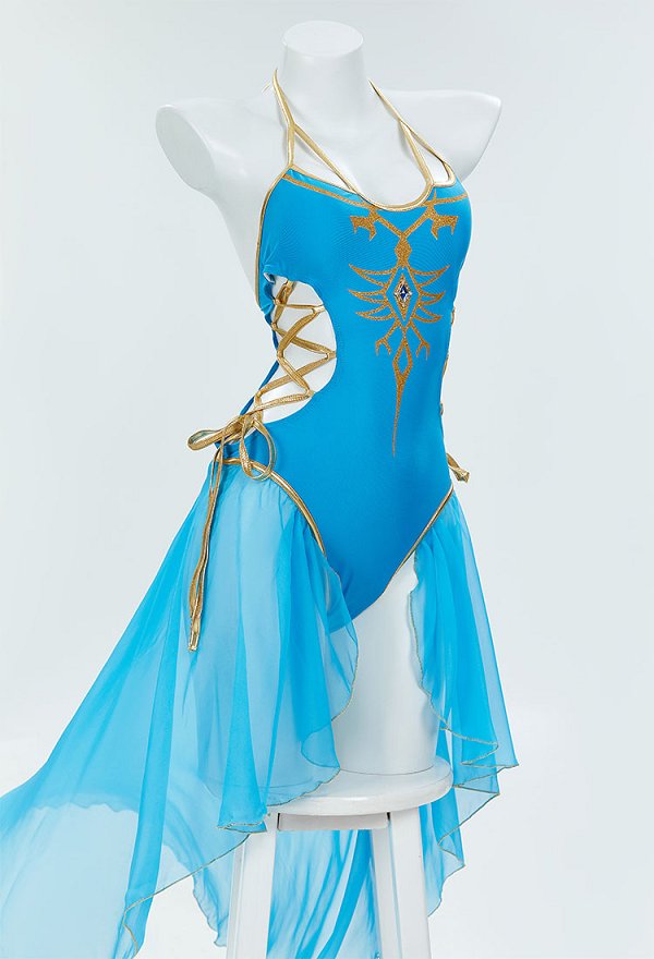 Princess Zelda Derivado Bañador de una Pieza con Cintura Halter, Corte de Cintura con Cordones y Mangas Princess Zelda Derivado Bañador de una Pieza con Cintura Halter, Corte de Cintura con Cordones y Mangas