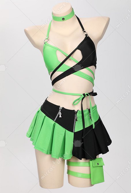 Maillot de bain dérivé de Shego noir gothique et vert avec soutien-gorge dos nu et bas jupe à manches longues et collier ras-du-cou