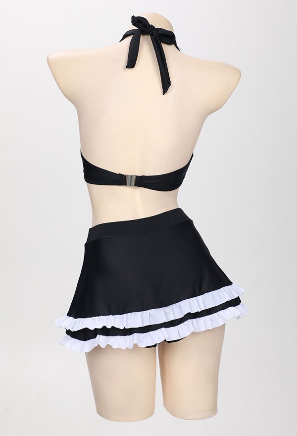 Stockings Derivative Swimsuit Halter Short Top and Skorts Two-Piece Bathing Suit with Thigh-High Stockings