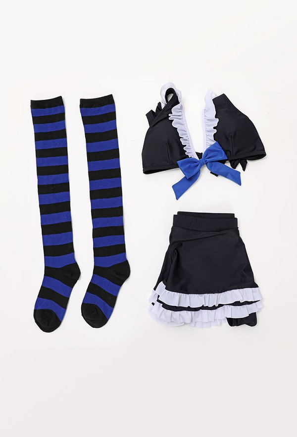 Stockings Derivative Swimsuit Halter Short Top and Skorts Two-Piece Bathing Suit with Thigh-High Stockings