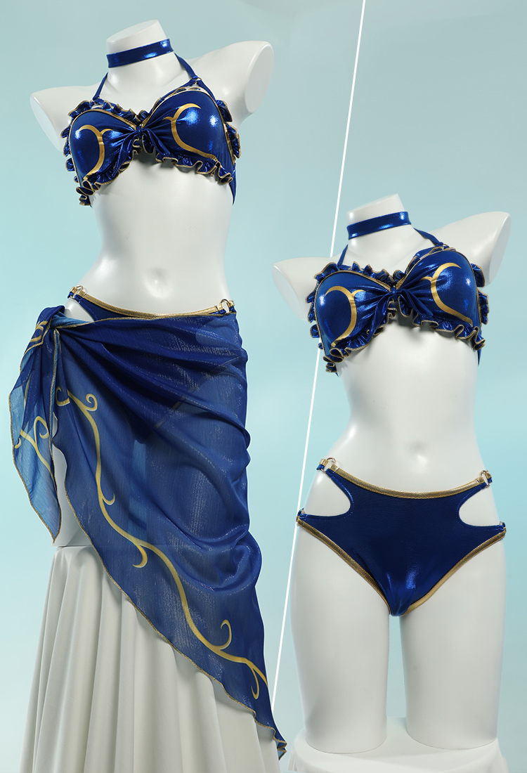 Chun Li Bañador Derivado Conjunto de Bikini Kawaii Top y Braga Halter con Encaje Bañador de Dos Piezas con Falda Envolvente