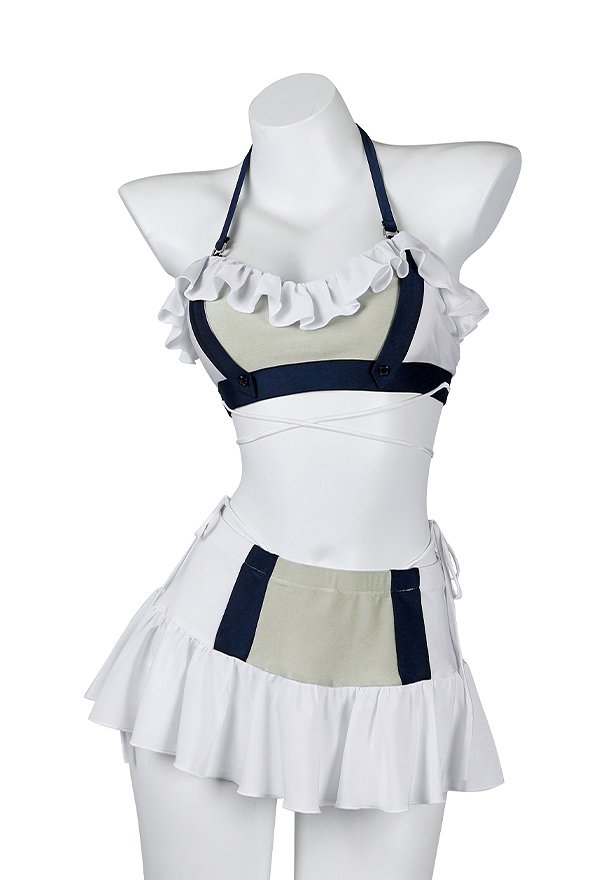 Disfraz de Cosplay Traje de Baño Derivado de FF7 Tifa con Cuello Halter Top con Volantes y Minifalda con Culottes Triangulares y Muñequeras