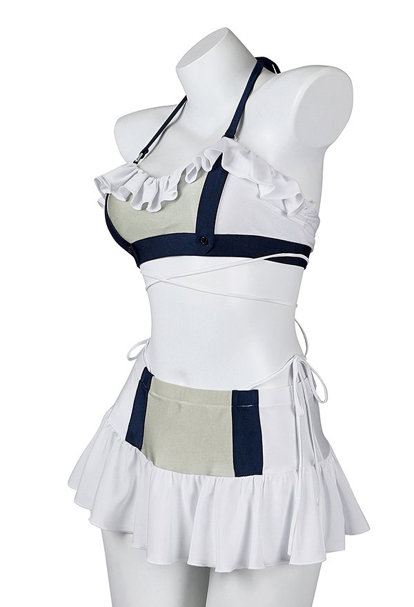 Disfraz de Cosplay Traje de Baño Derivado de FF7 Tifa con Cuello Halter Top con Volantes y Minifalda con Culottes Triangulares y Muñequeras