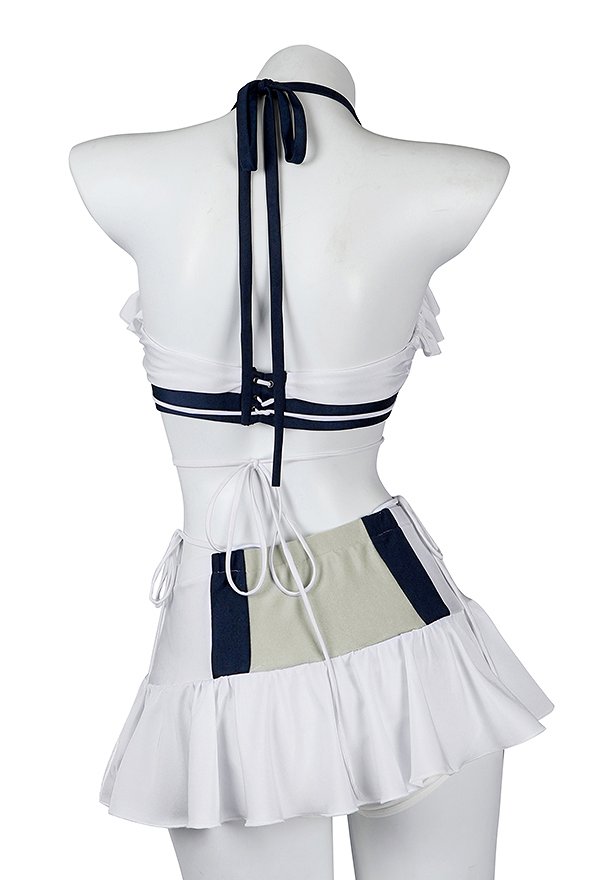 Disfraz de Cosplay Traje de Baño Derivado de FF7 Tifa con Cuello Halter Top con Volantes y Minifalda con Culottes Triangulares y Muñequeras