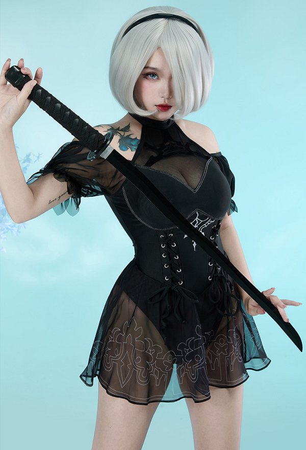 2B Derivat Sexy Bodysuit Badeanzug mit Halte Herzausschnitt Bindeband 2B Derivat Sexy Bodysuit Badeanzug mit Halte Herzausschnitt Bindeband
