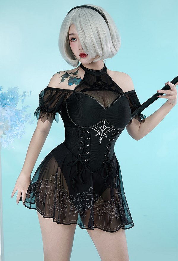 2B Derivat Sexy Bodysuit Badeanzug mit Halte Herzausschnitt Bindeband 2B Derivat Sexy Bodysuit Badeanzug mit Halte Herzausschnitt Bindeband