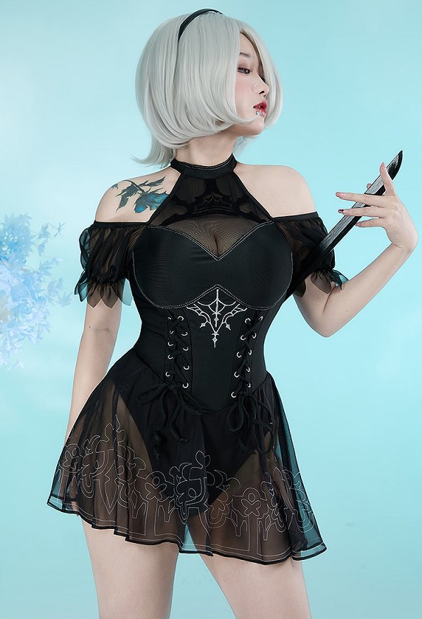 2B Derivat Sexy Bodysuit Badeanzug mit Halte Herzausschnitt Bindeband 2B Derivat Sexy Bodysuit Badeanzug mit Halte Herzausschnitt Bindeband