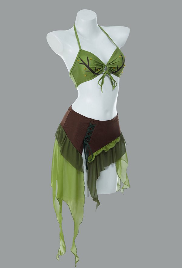 Vintage Retro Traje de baño de bikini de dos piezas estilo elfo del bosque mágico con sujetador y pantalón de falda irregular Vintage Retro Traje de baño de bikini de dos piezas estilo elfo del bosque mágico con sujetador y pantalón de falda irregular