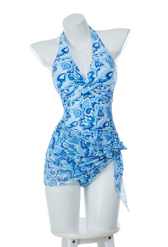 1970s Vintage Retro Traje de baño de cuello halter con estampado control de abdomen falda cruzada y diadema
