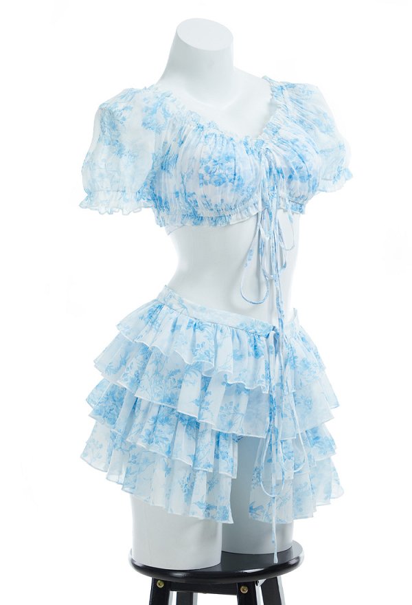 Traje de baño retro de dos piezas Vintage Elegante Bikini Azul Floral Traje de baño con cobertor y falda